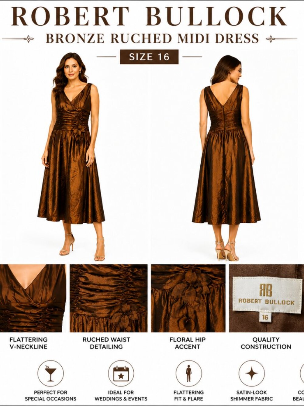ROBERT BULLOCK BRONZE RUCHED MIDI DRESS SZ 16 NWT